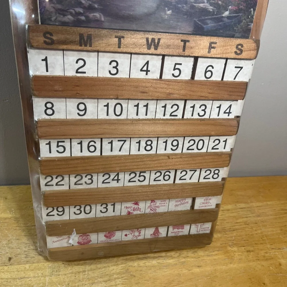 Vtg Perpetual Wooden Calendar Wall Hanging Country Cottage Landscape 22x11 New